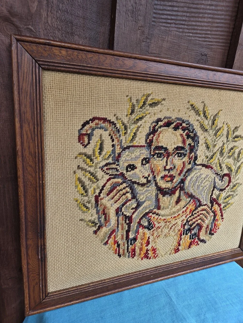 1950s The Good Shepherd Cross Stitch Framed Wall Art